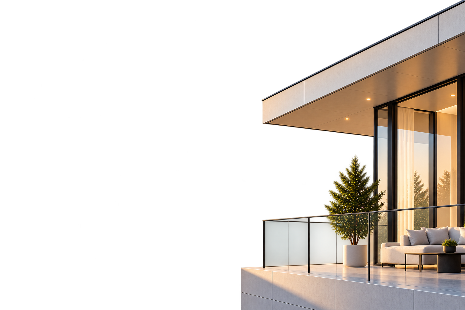 Modern balcony corner with warm lighting