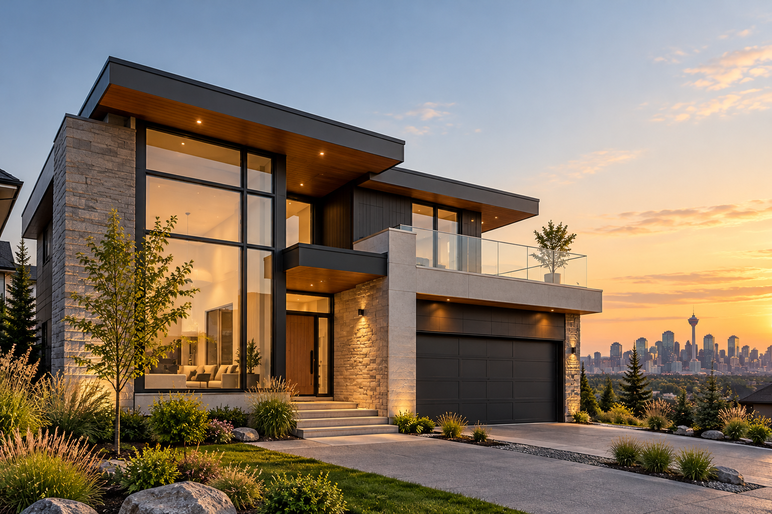 Modern Calgary home at golden hour